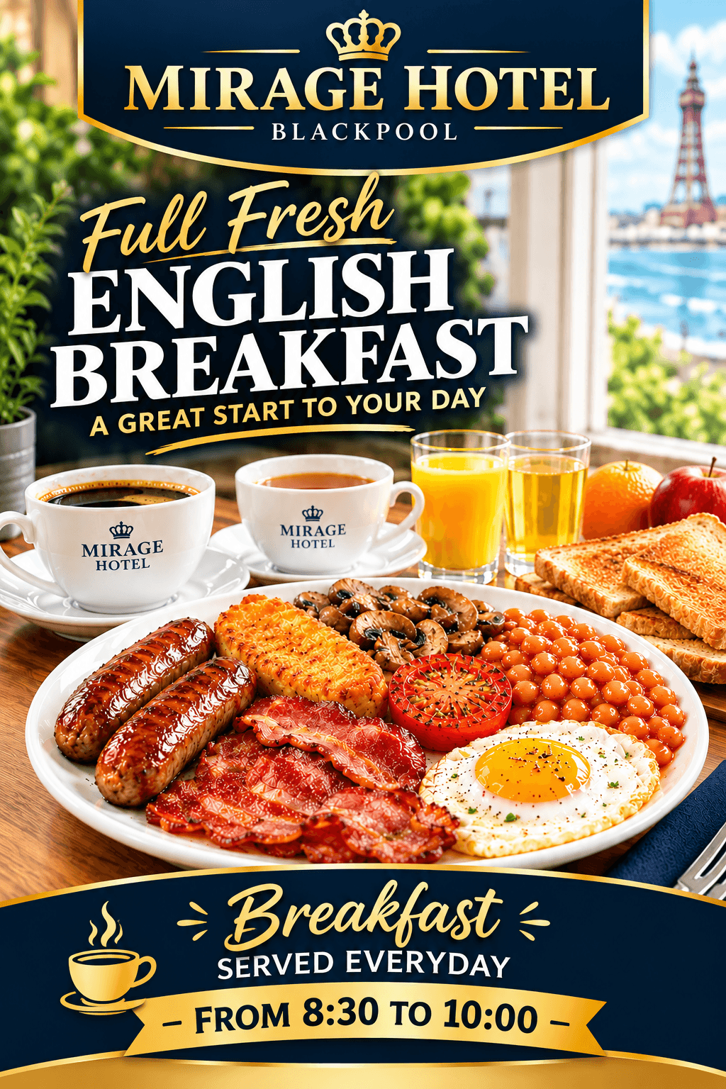 Full English breakfast served at Mirage Hotel, Blackpool