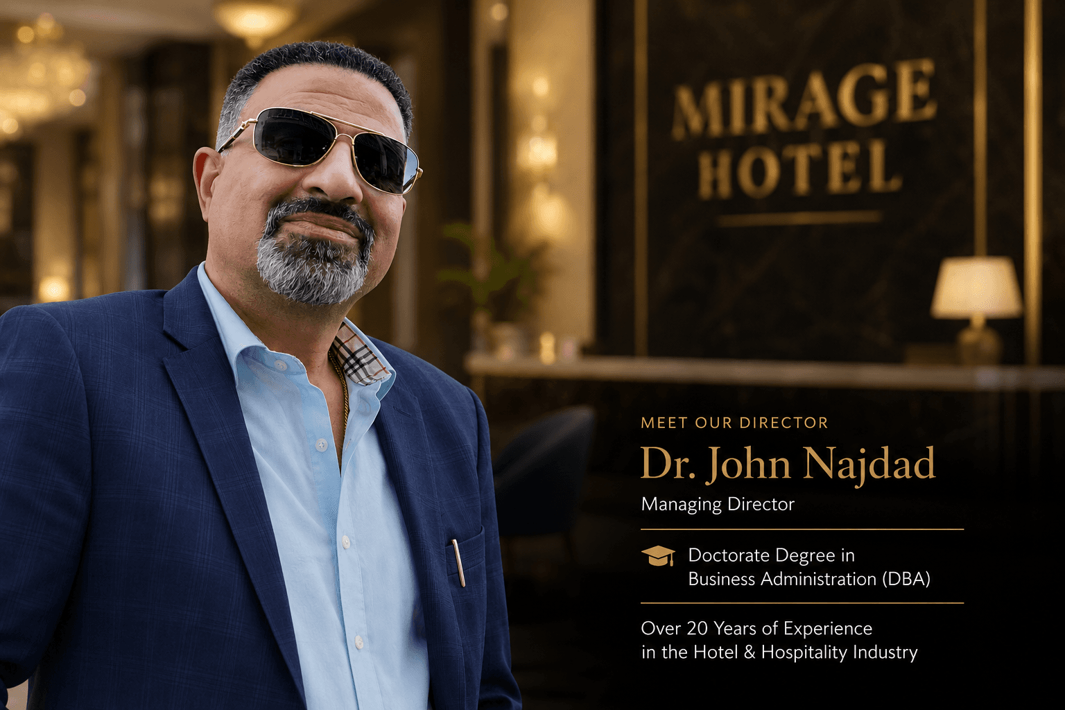 Dr. John Najdad, Managing Director of Mirage Hotel, in the hotel lobby